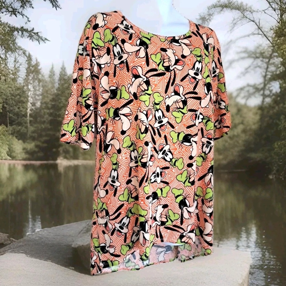 LuLaRoe Irma Disney T-Shirt Orange White Women's 3XL Goofy Print EUC